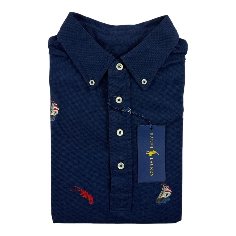 Polo Ralph Lauren Navy Knit Oxford Lobster Boats All Embroidered Polo Size S NWT